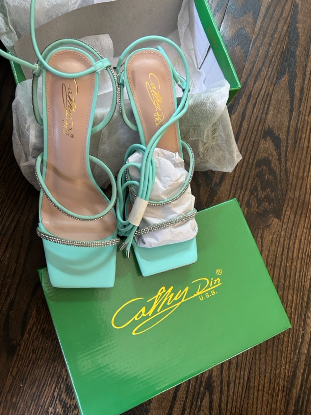 Mint Rhinestone-Strap Square-Toe Heeled Sandals